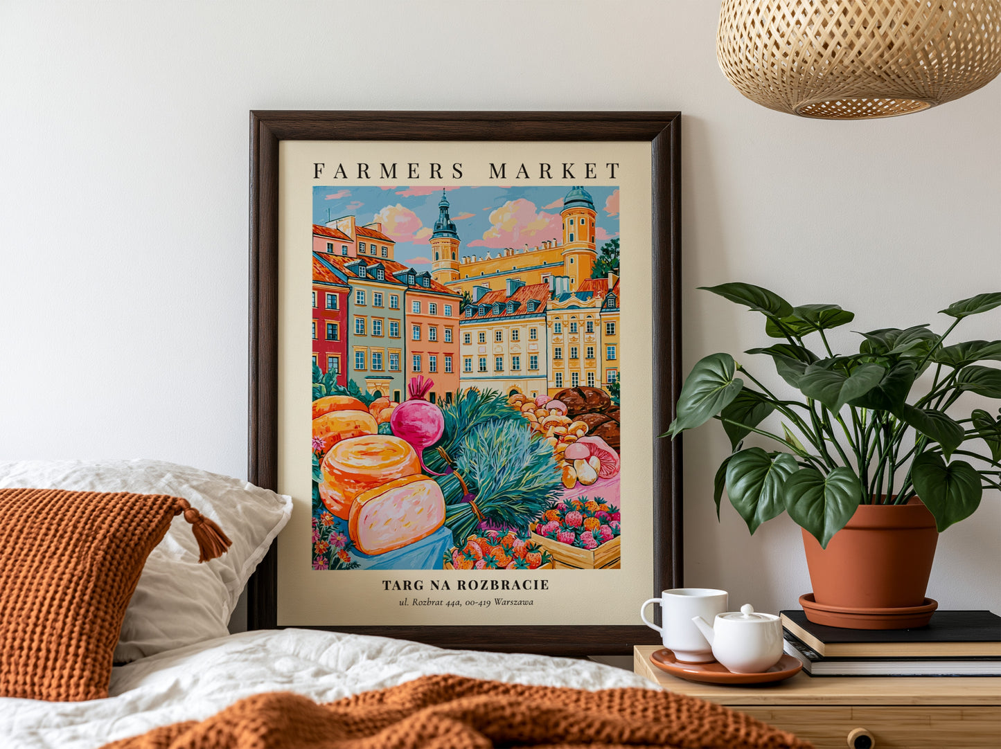 Farmers market poster featuring colorful produce and flowers in Warsaw style