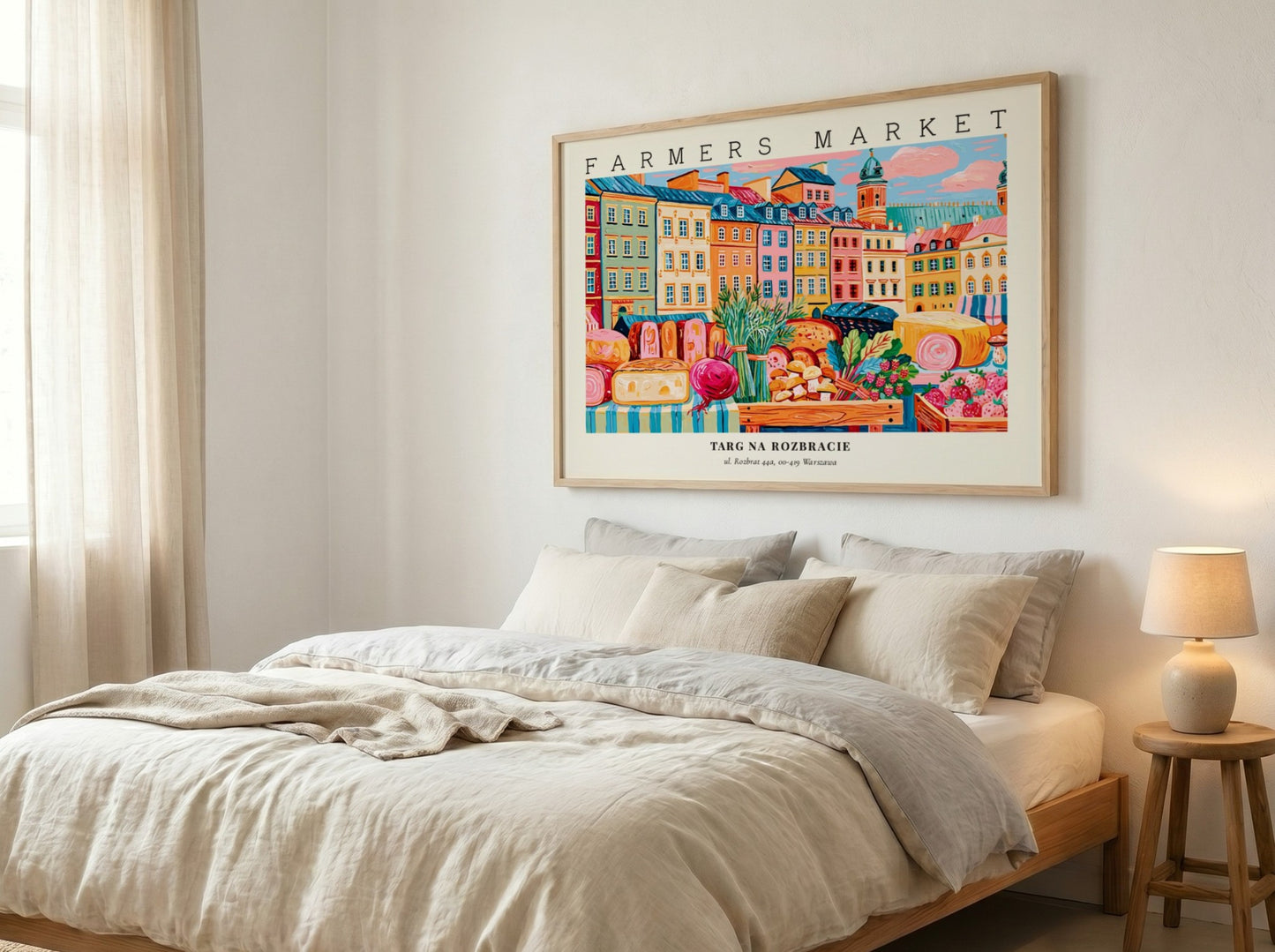 Farmers market poster featuring colorful buildings and fresh produce in a vibrant style