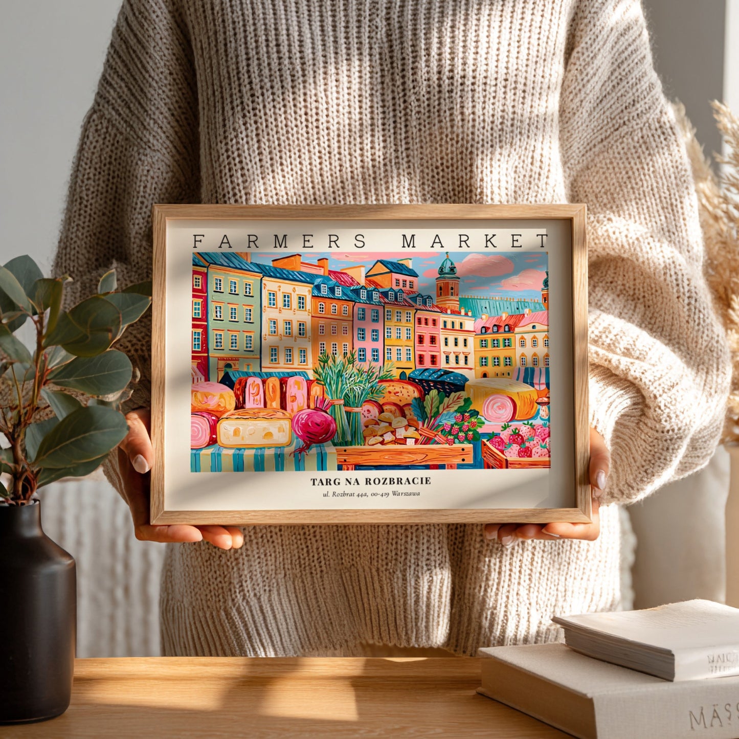 Farmers market poster featuring colorful buildings and fresh produce in a vibrant style