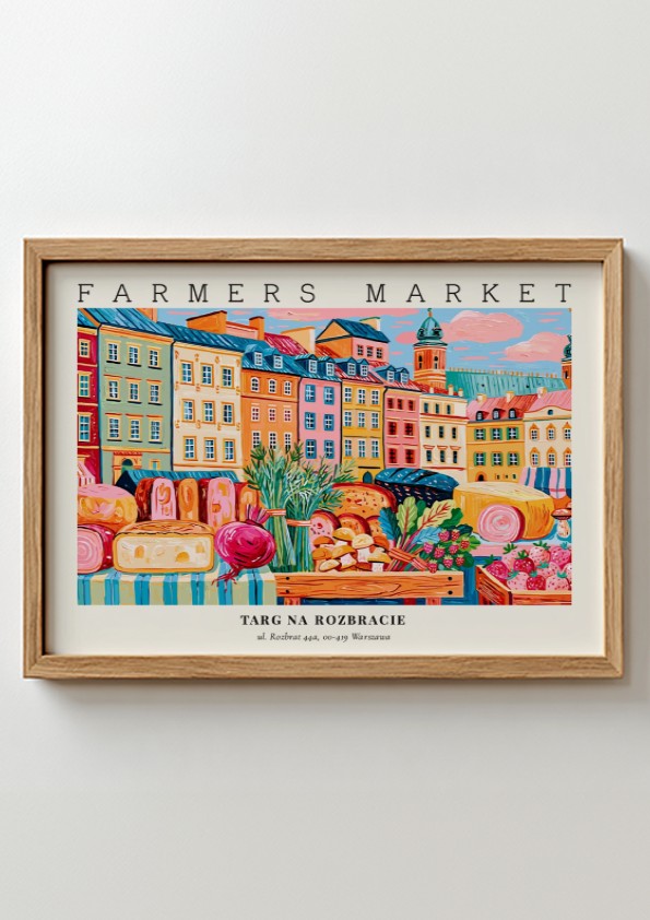 Farmers market poster featuring colorful buildings and fresh produce in a vibrant style