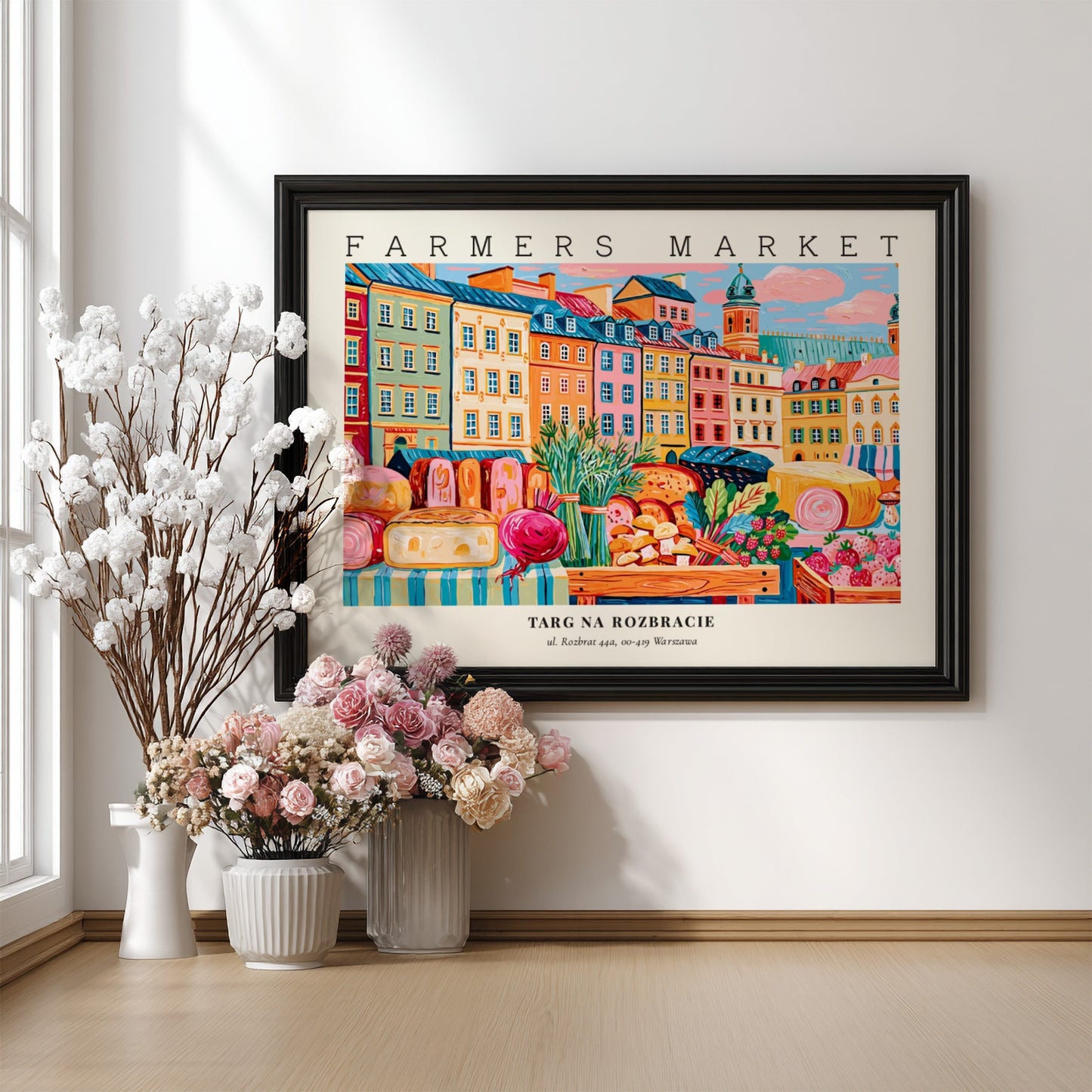 Farmers market poster featuring colorful buildings and fresh produce in a vibrant style