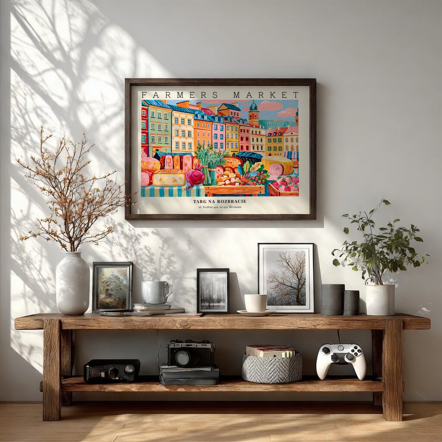 Farmers market poster featuring colorful buildings and fresh produce in a vibrant style