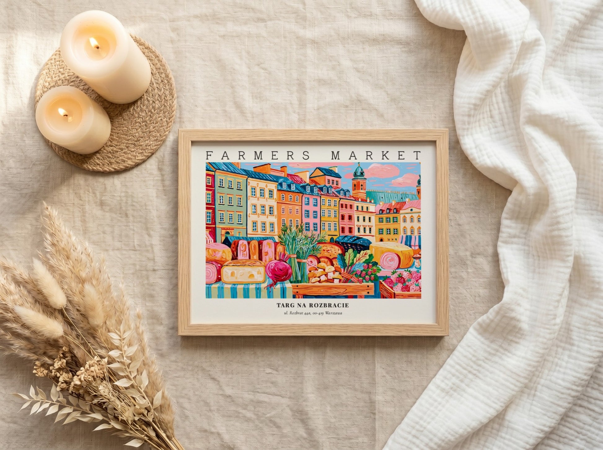 Farmers market poster featuring colorful buildings and fresh produce in a vibrant style
