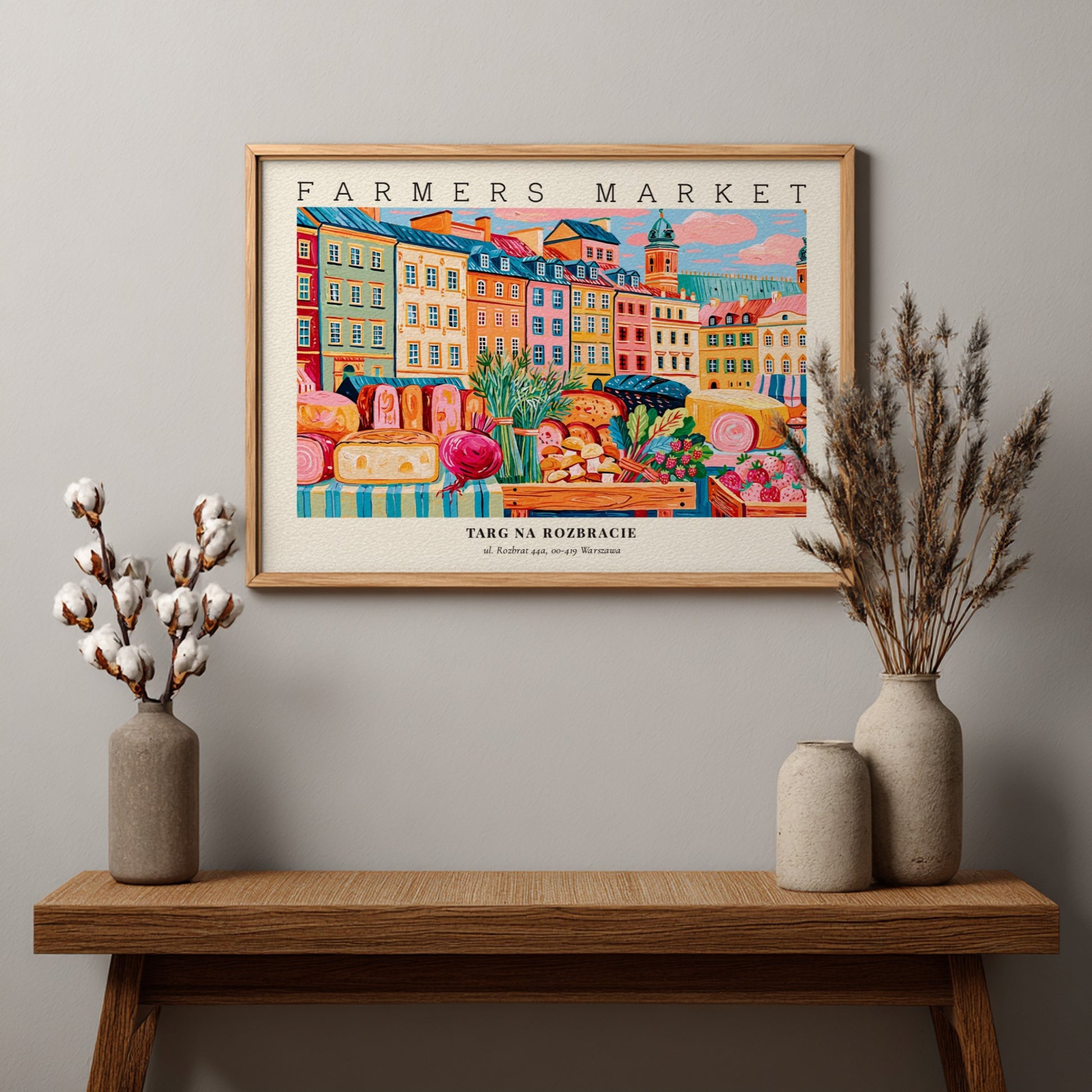 Farmers market poster featuring colorful buildings and fresh produce in a vibrant style