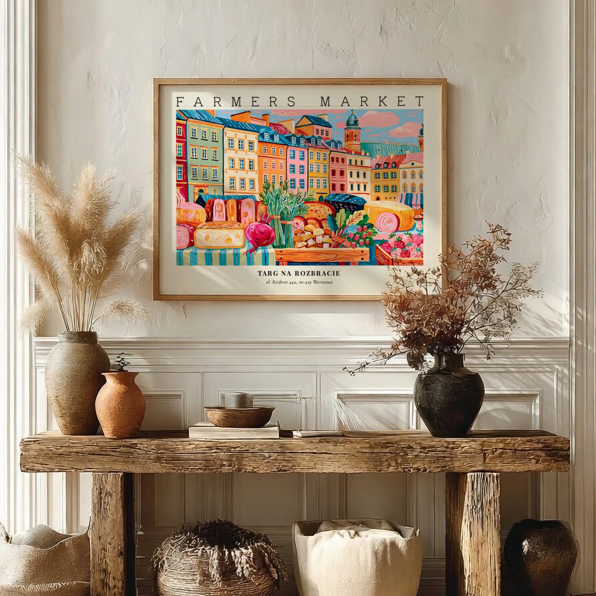 Farmers market poster featuring colorful buildings and fresh produce in a vibrant style