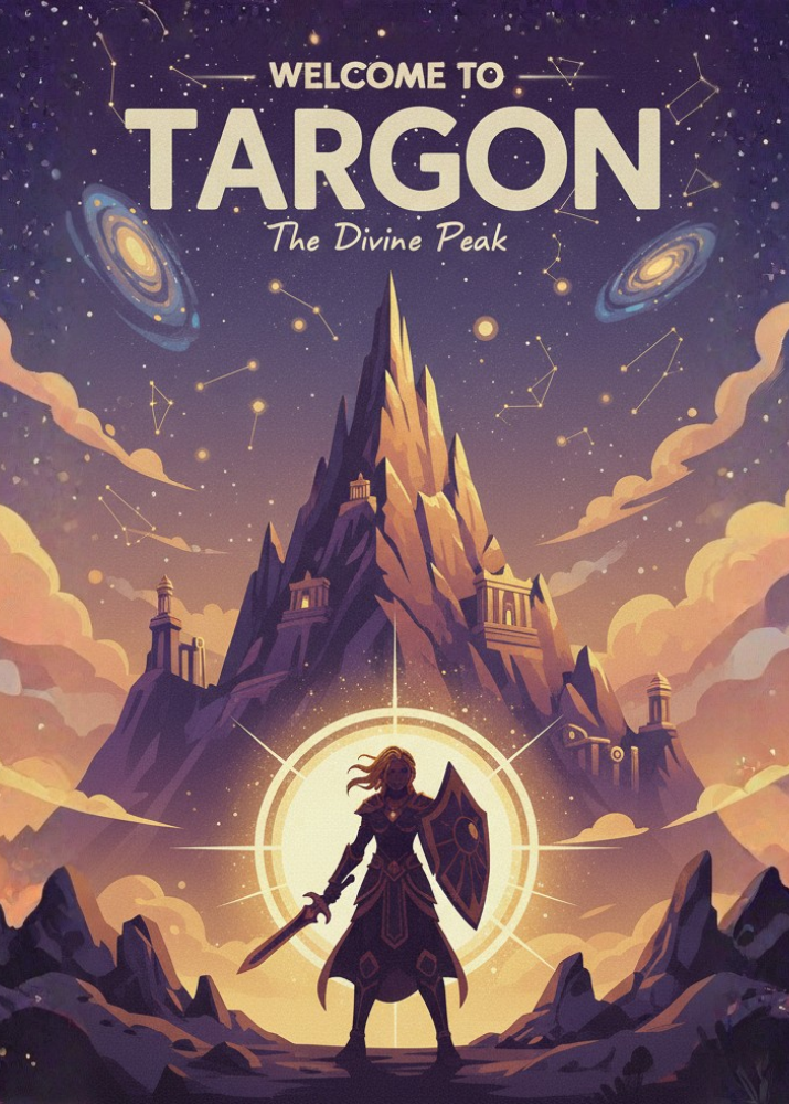 Illustration of a character holding a sword and shield in front of a mountain with 'Welcome to Targon' text.