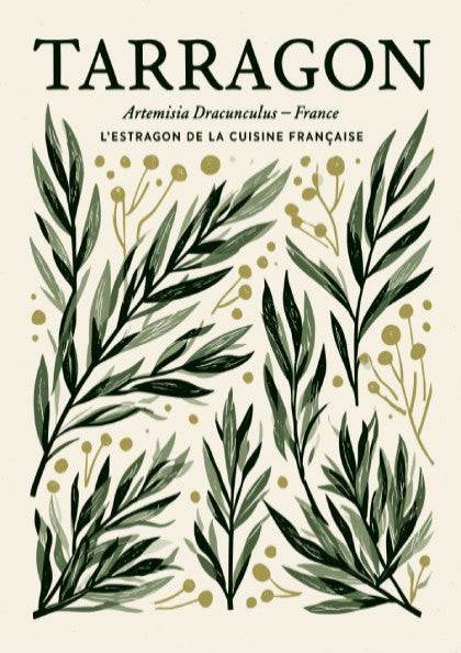 Kitchen poster featuring tarragon illustrations in green and gold, botanical style, perfect for kitchen decor.