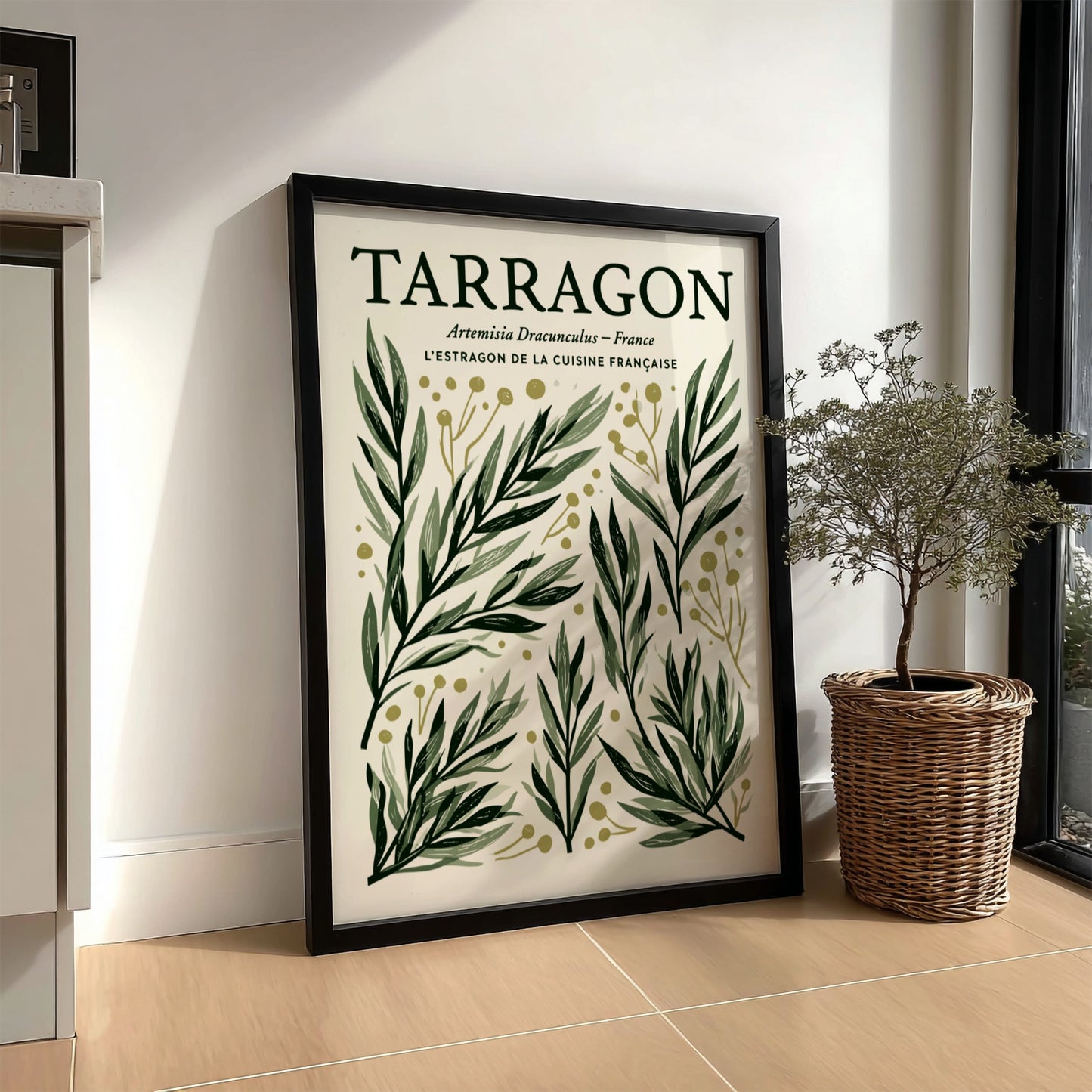 Kitchen poster featuring tarragon illustrations in green and gold, botanical style, perfect for kitchen decor.
