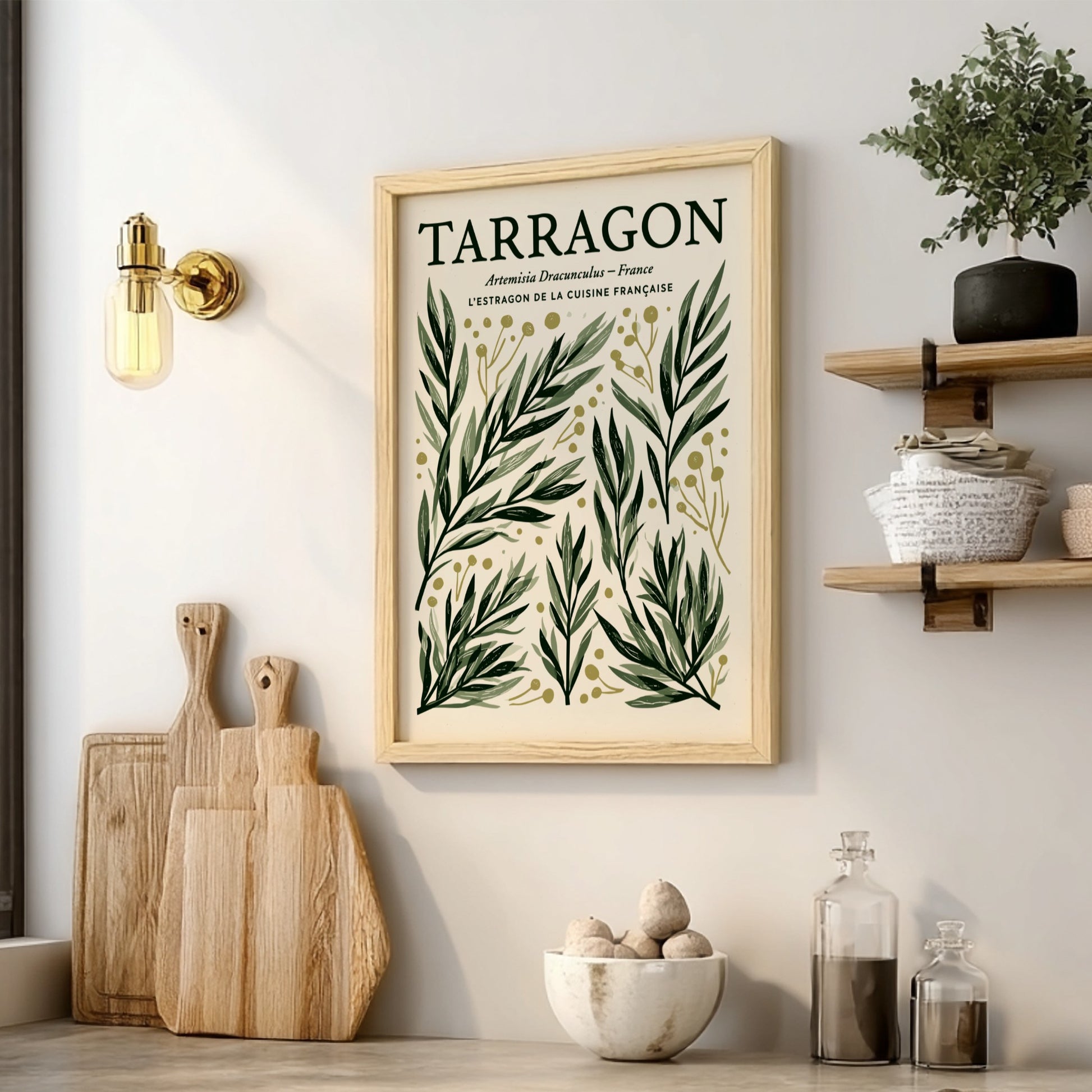 Kitchen poster featuring tarragon illustrations in green and gold, botanical style, perfect for kitchen decor.