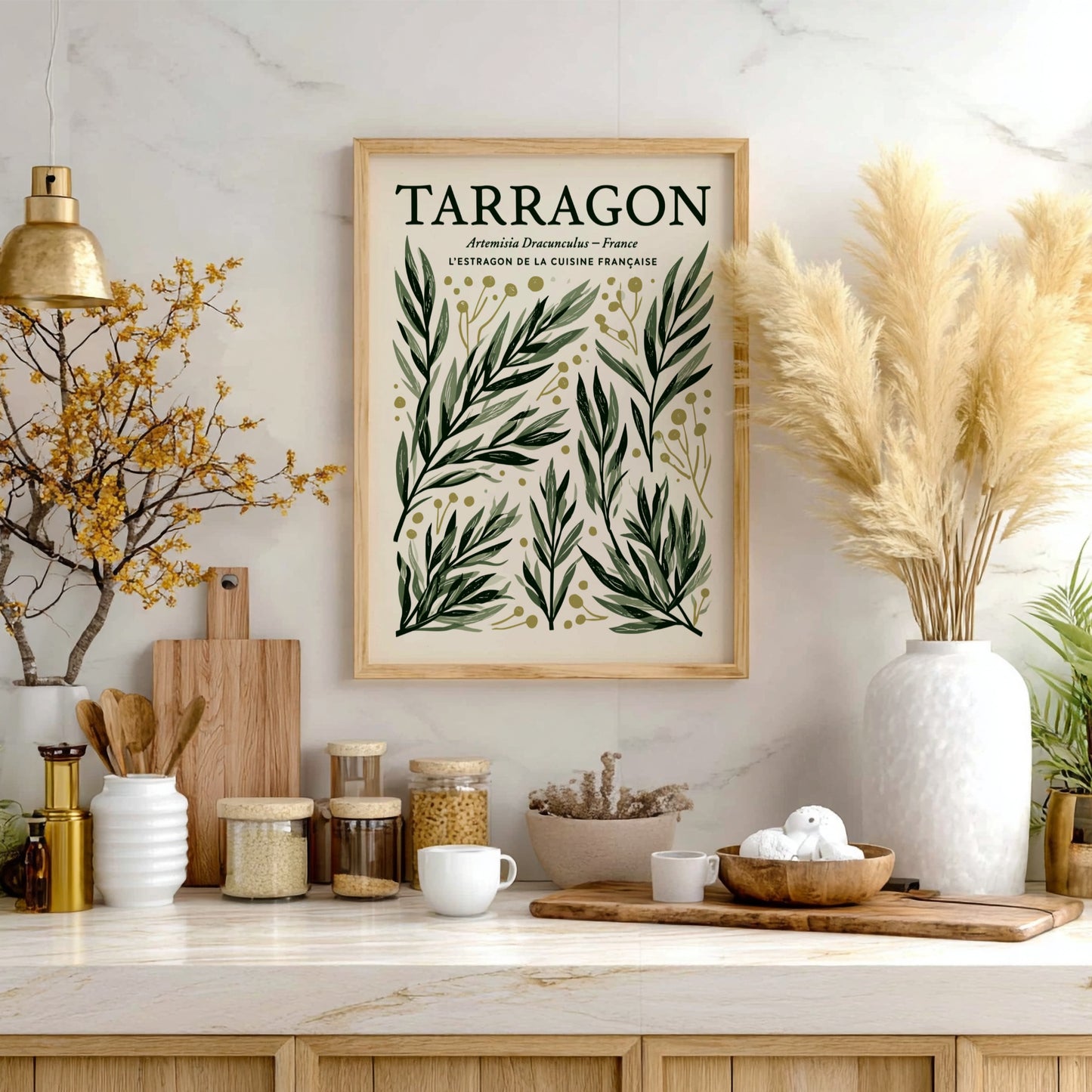 Kitchen poster featuring tarragon illustrations in green and gold, botanical style, perfect for kitchen decor.