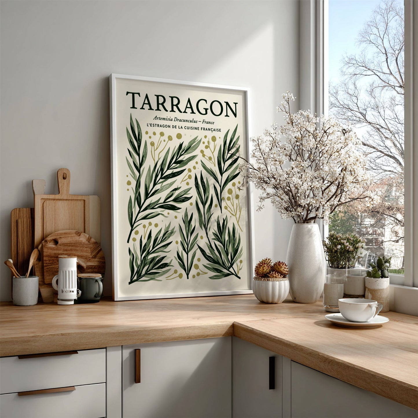 Kitchen poster featuring tarragon illustrations in green and gold, botanical style, perfect for kitchen decor.