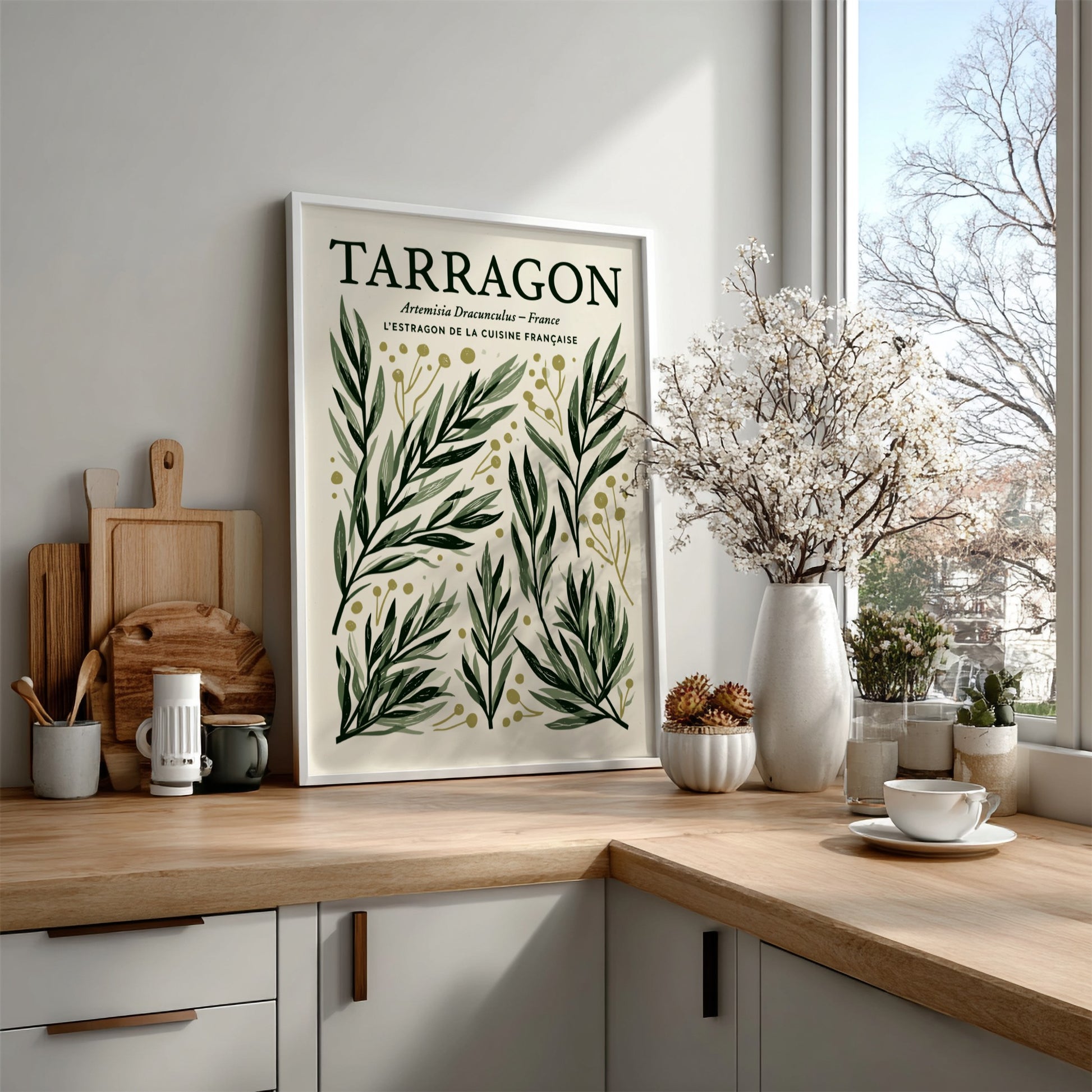 Kitchen poster featuring tarragon illustrations in green and gold, botanical style, perfect for kitchen decor.