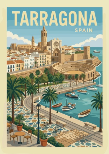 Tarragona Spain travel poster in a vintage style, showing the city's historic amphitheater and harbor.