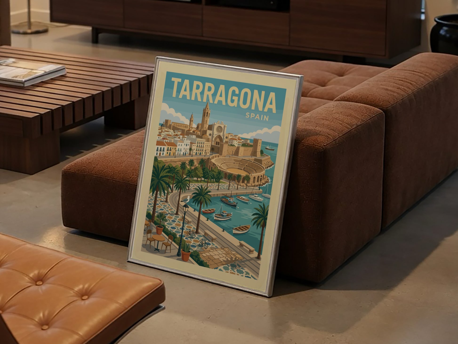 Tarragona Spain travel poster in a vintage style, showing the city's historic amphitheater and harbor.