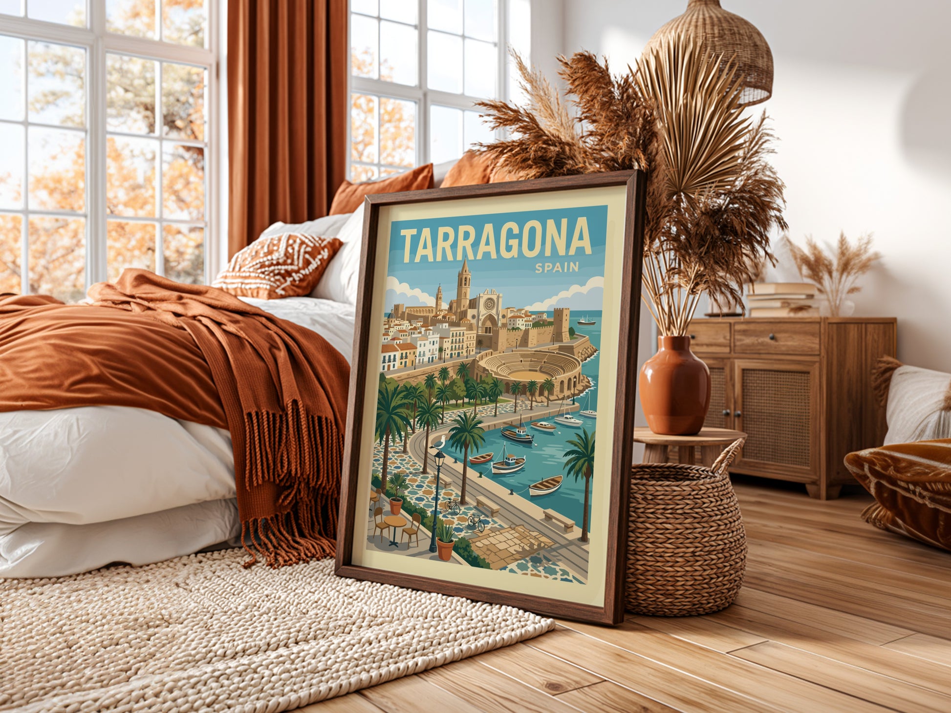 Tarragona Spain travel poster in a vintage style, showing the city's historic amphitheater and harbor.