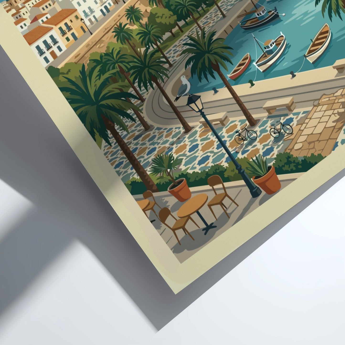 Tarragona Spain travel poster in a vintage style, showing the city's historic amphitheater and harbor.