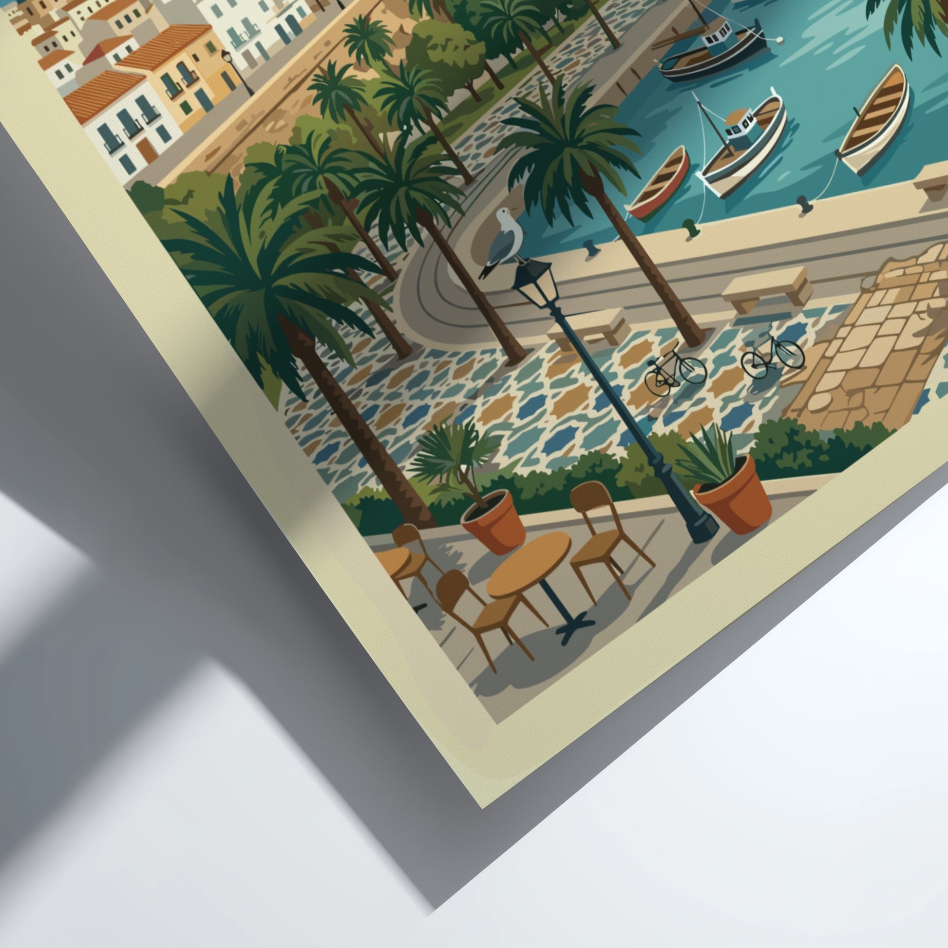 Tarragona Spain travel poster in a vintage style, showing the city's historic amphitheater and harbor.