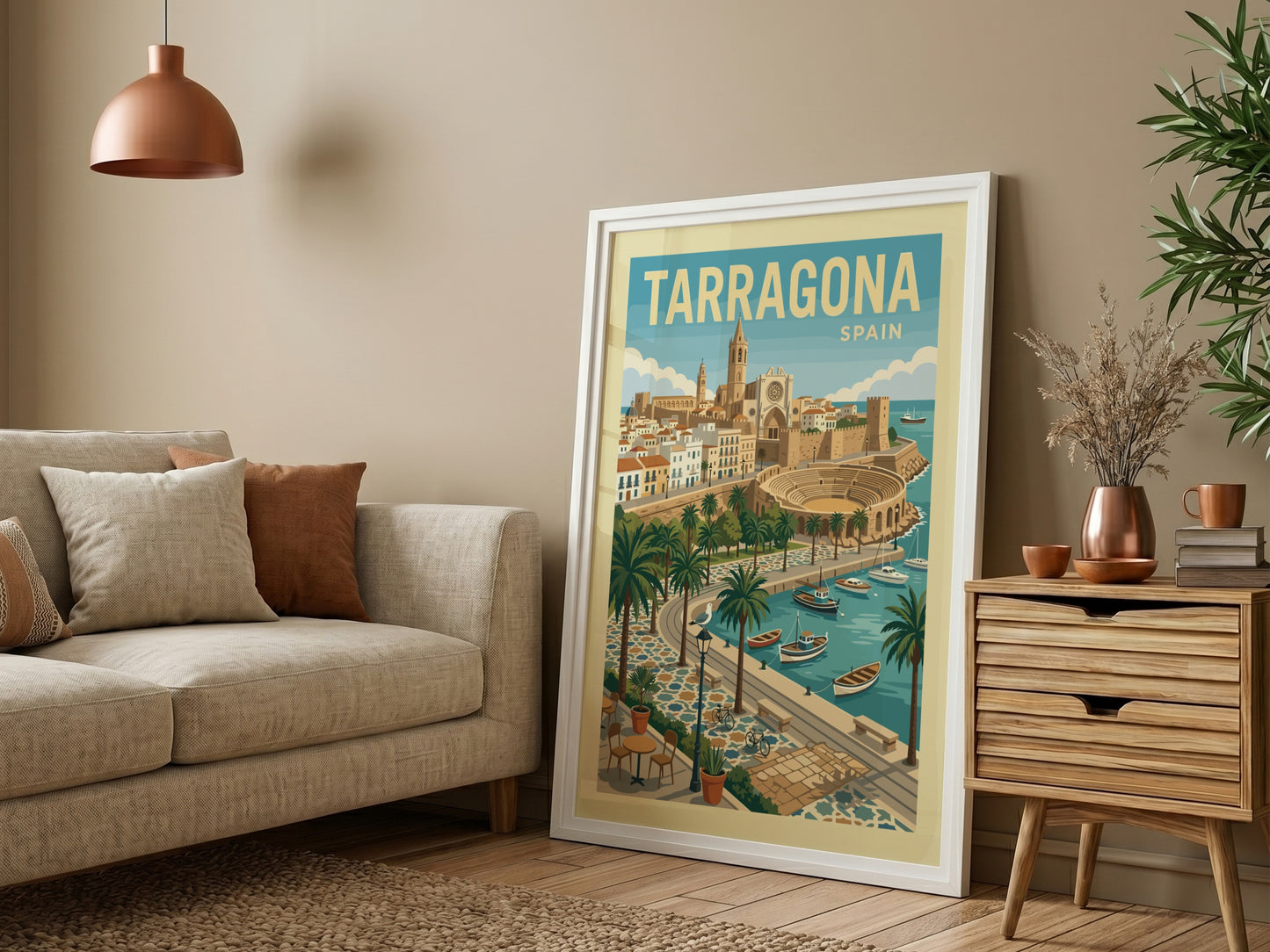 Tarragona Spain travel poster in a vintage style, showing the city's historic amphitheater and harbor.