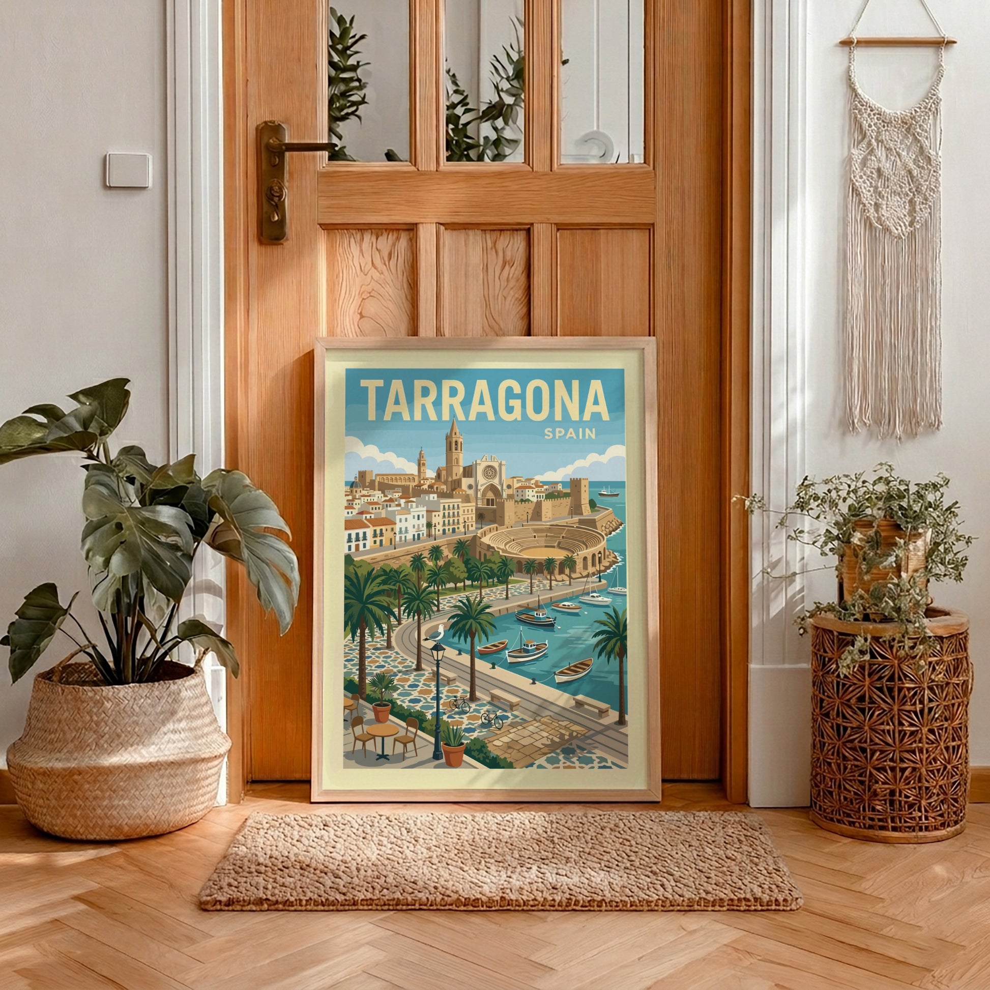 Tarragona Spain travel poster in a vintage style, showing the city's historic amphitheater and harbor.