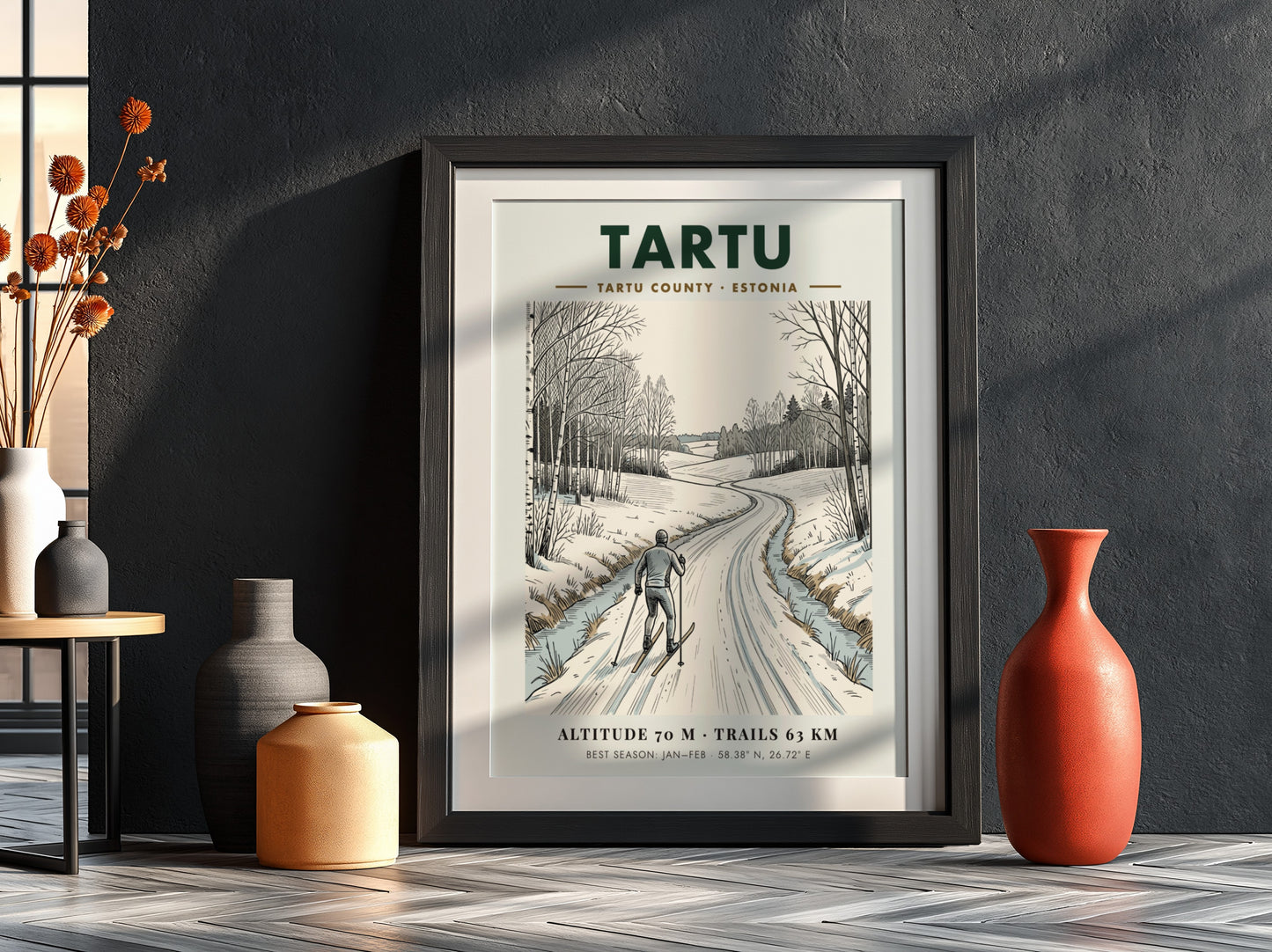 Poster of a cross country skier on a snowy path in Tartu Estonia