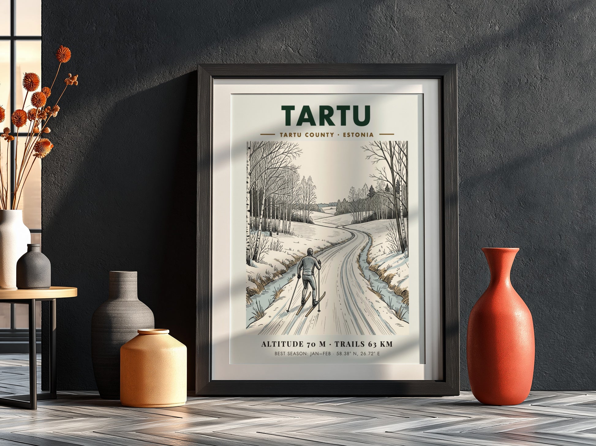 Poster of a cross country skier on a snowy path in Tartu Estonia