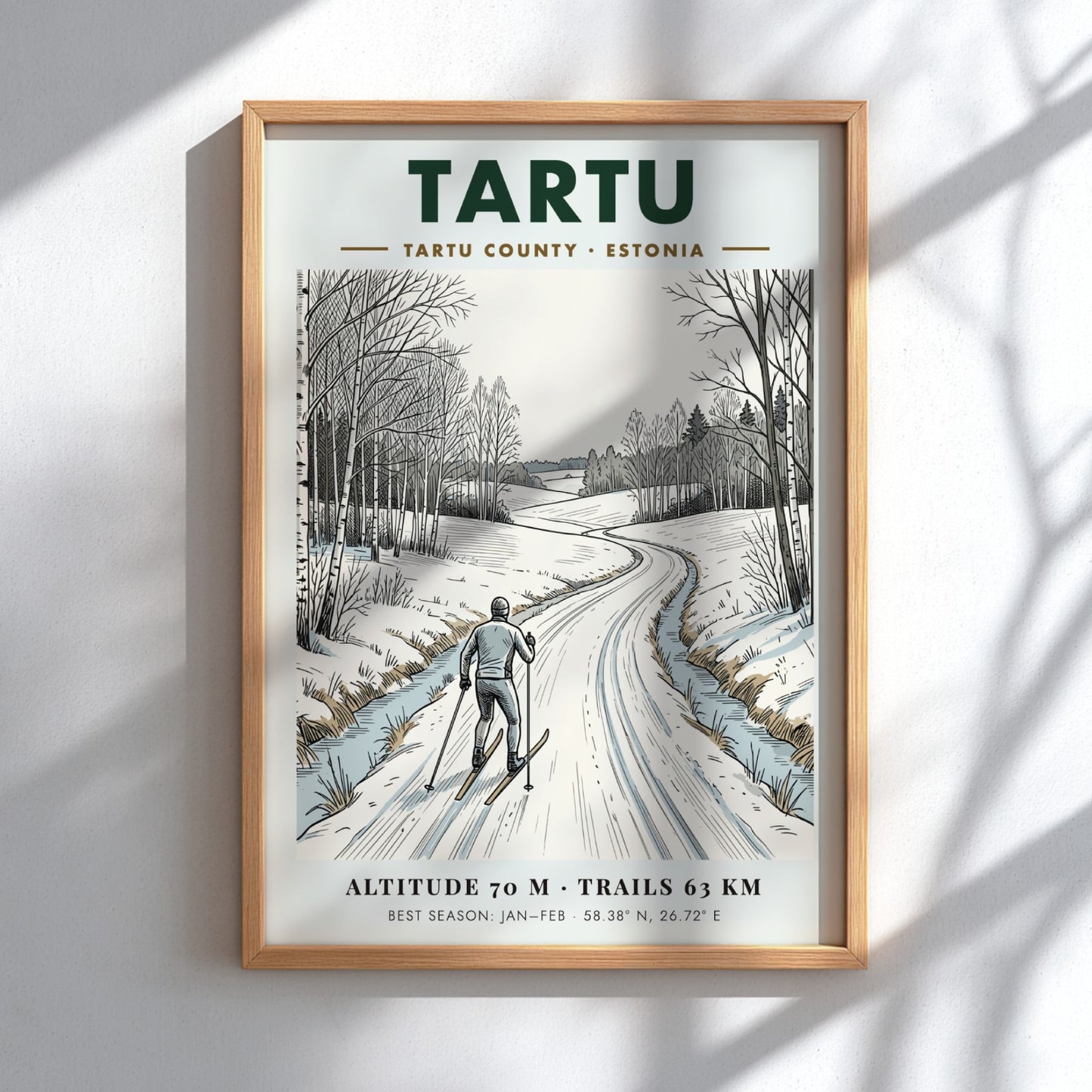 Poster of a cross country skier on a snowy path in Tartu Estonia