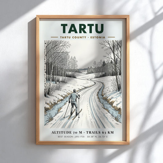 Poster of a cross country skier on a snowy path in Tartu Estonia