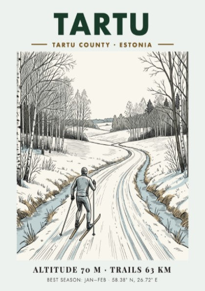 Poster of a cross country skier on a snowy path in Tartu Estonia