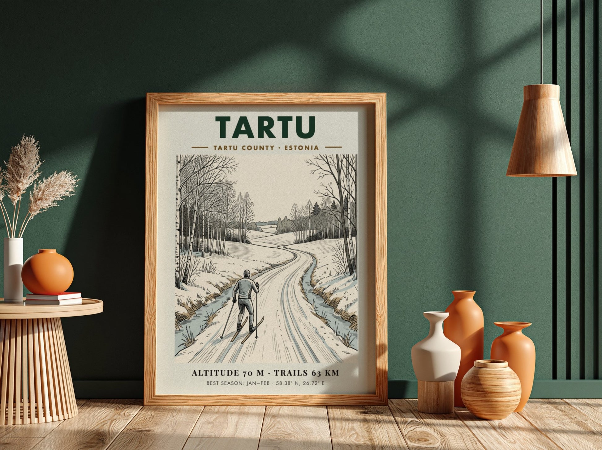 Poster of a cross country skier on a snowy path in Tartu Estonia