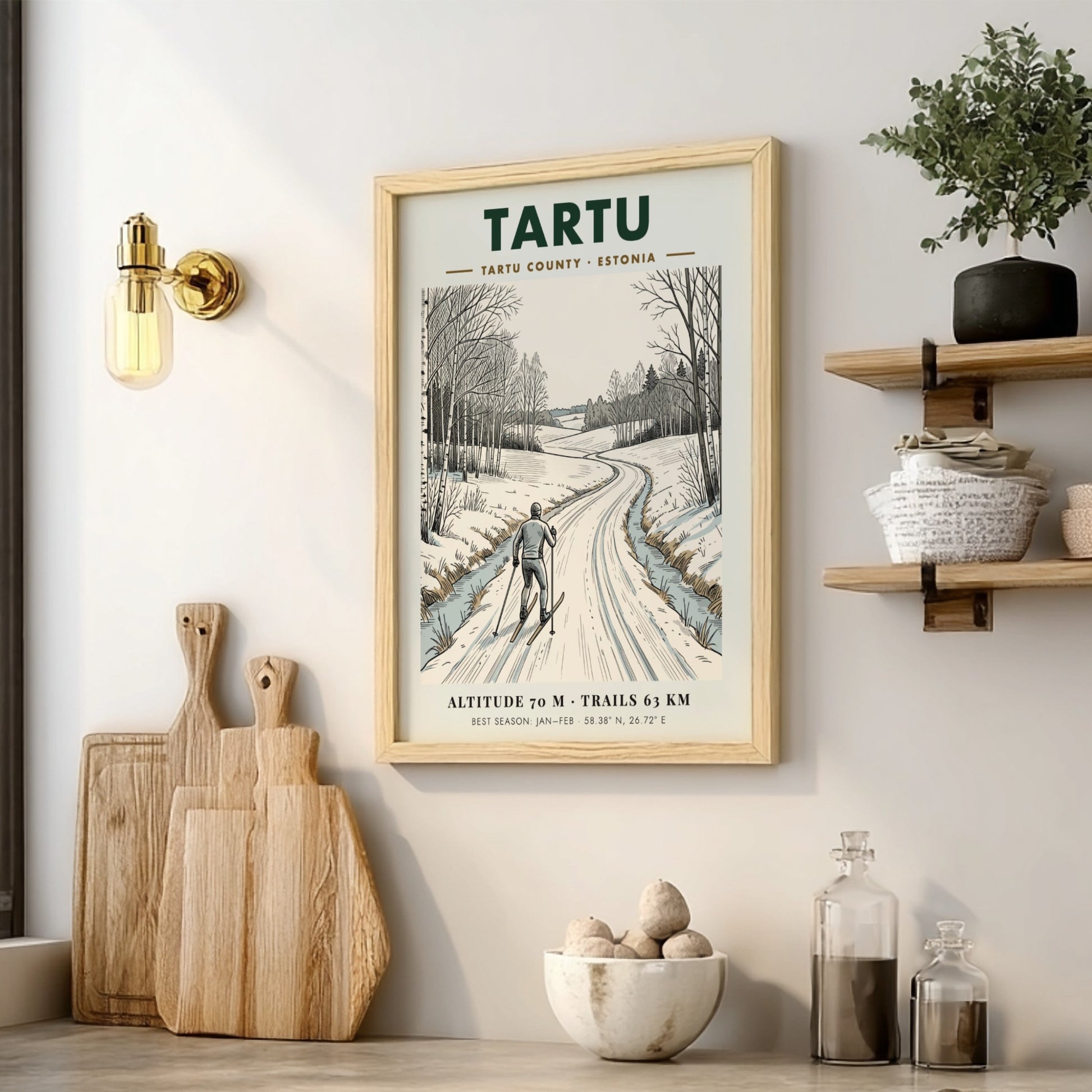 Poster of a cross country skier on a snowy path in Tartu Estonia