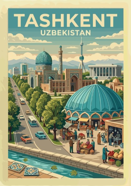 Travel poster of Tashkent Uzbekistan showing turquoise domes, a city tower, and markets.