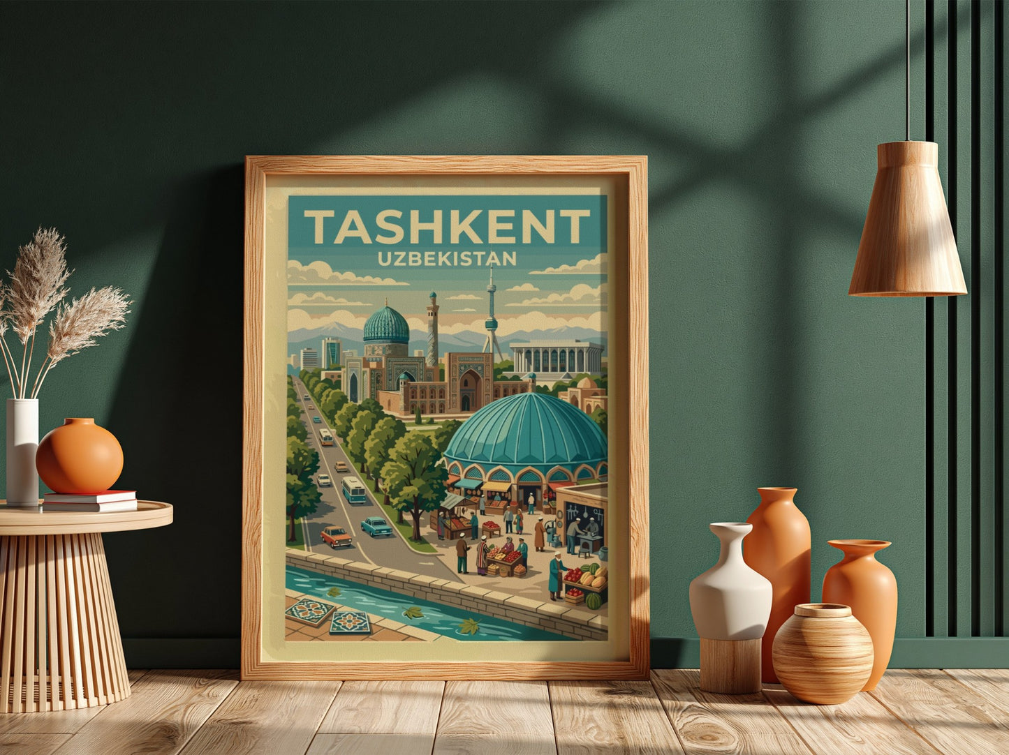 Travel poster of Tashkent Uzbekistan showing turquoise domes, a city tower, and markets.