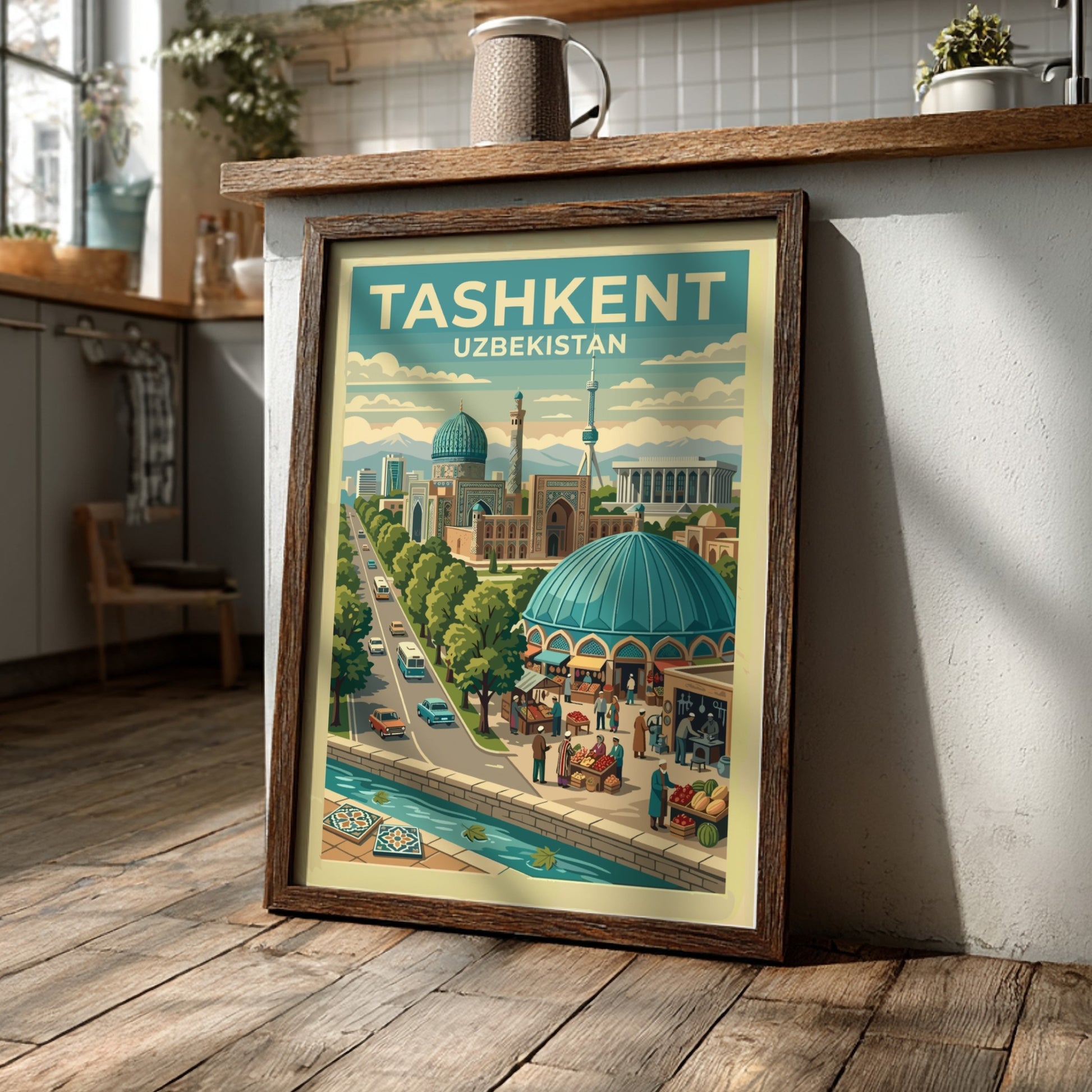 Travel poster of Tashkent Uzbekistan showing turquoise domes, a city tower, and markets.