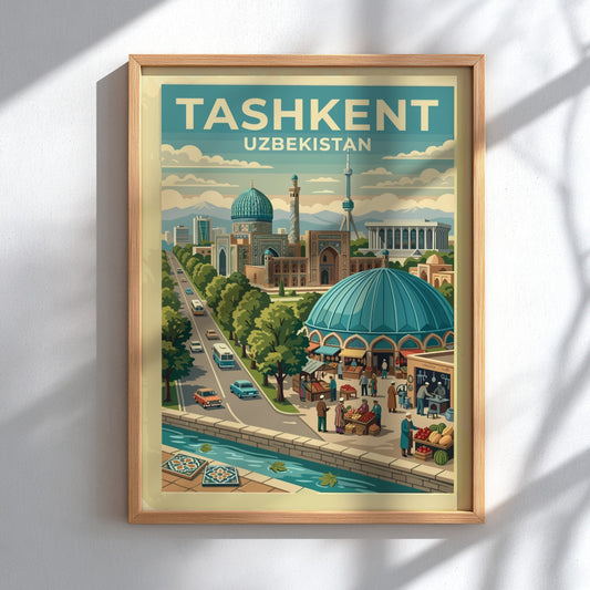 Travel poster of Tashkent Uzbekistan showing turquoise domes, a city tower, and markets.