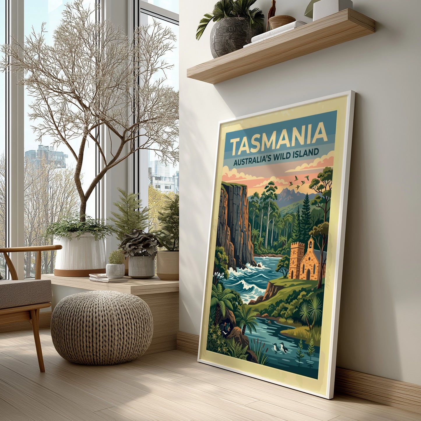 Tasmania travel poster featuring a rugged cliffside, a stone church, and a Tasmanian devil.