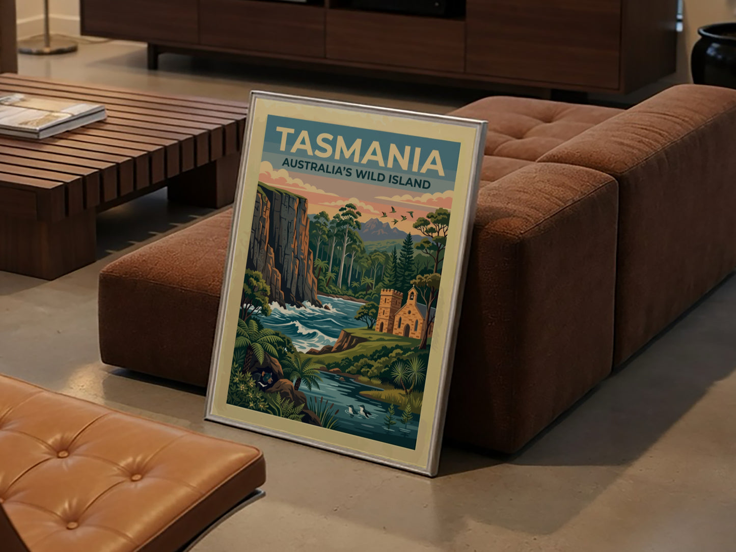 Tasmania travel poster featuring a rugged cliffside, a stone church, and a Tasmanian devil.