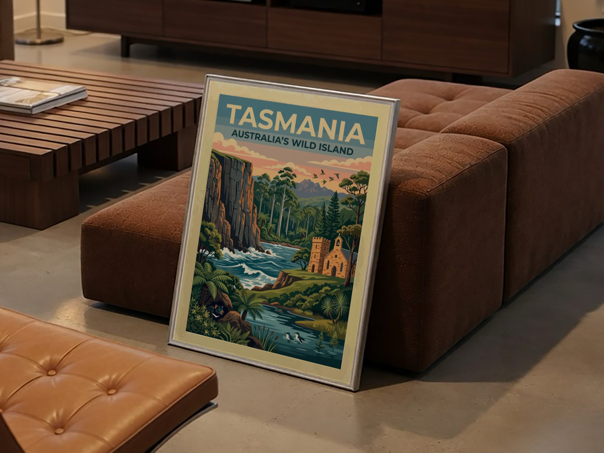 Tasmania travel poster featuring a rugged cliffside, a stone church, and a Tasmanian devil.
