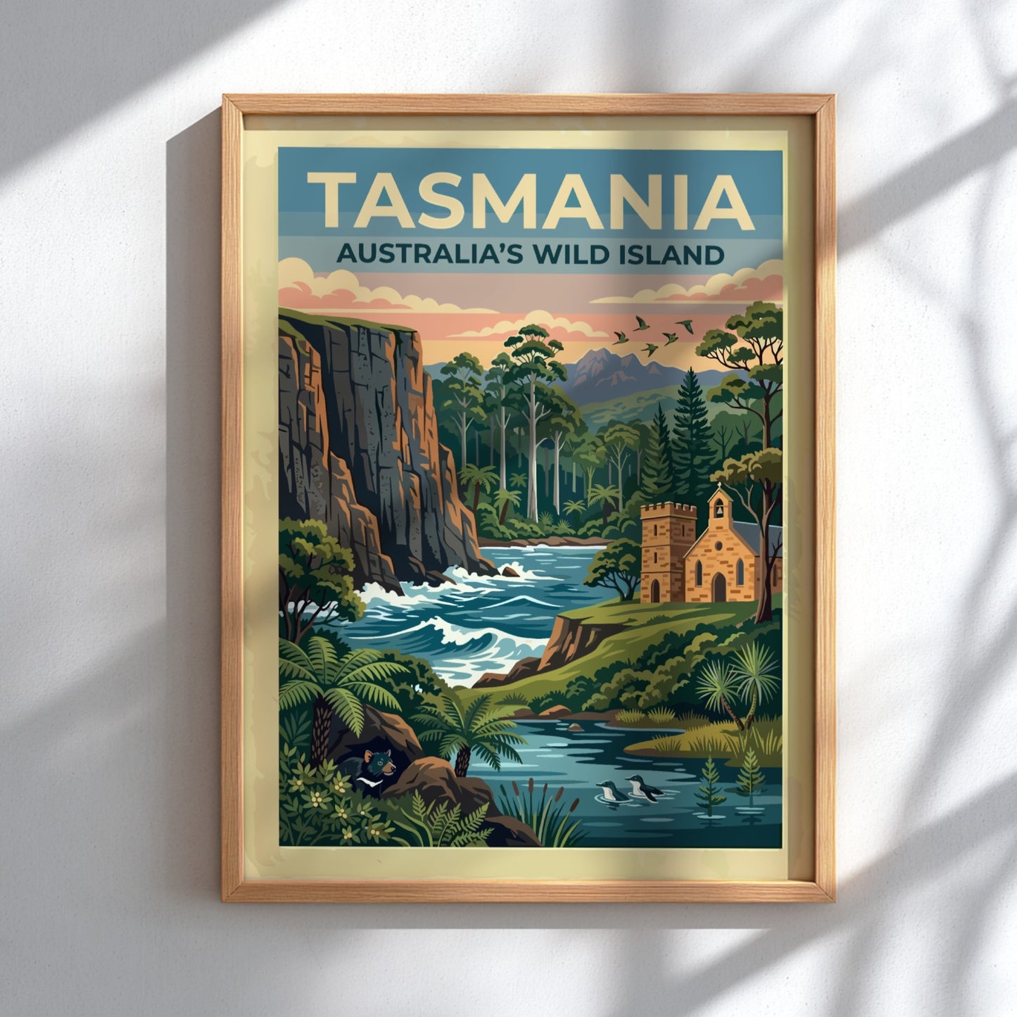 Tasmania travel poster featuring a rugged cliffside, a stone church, and a Tasmanian devil.