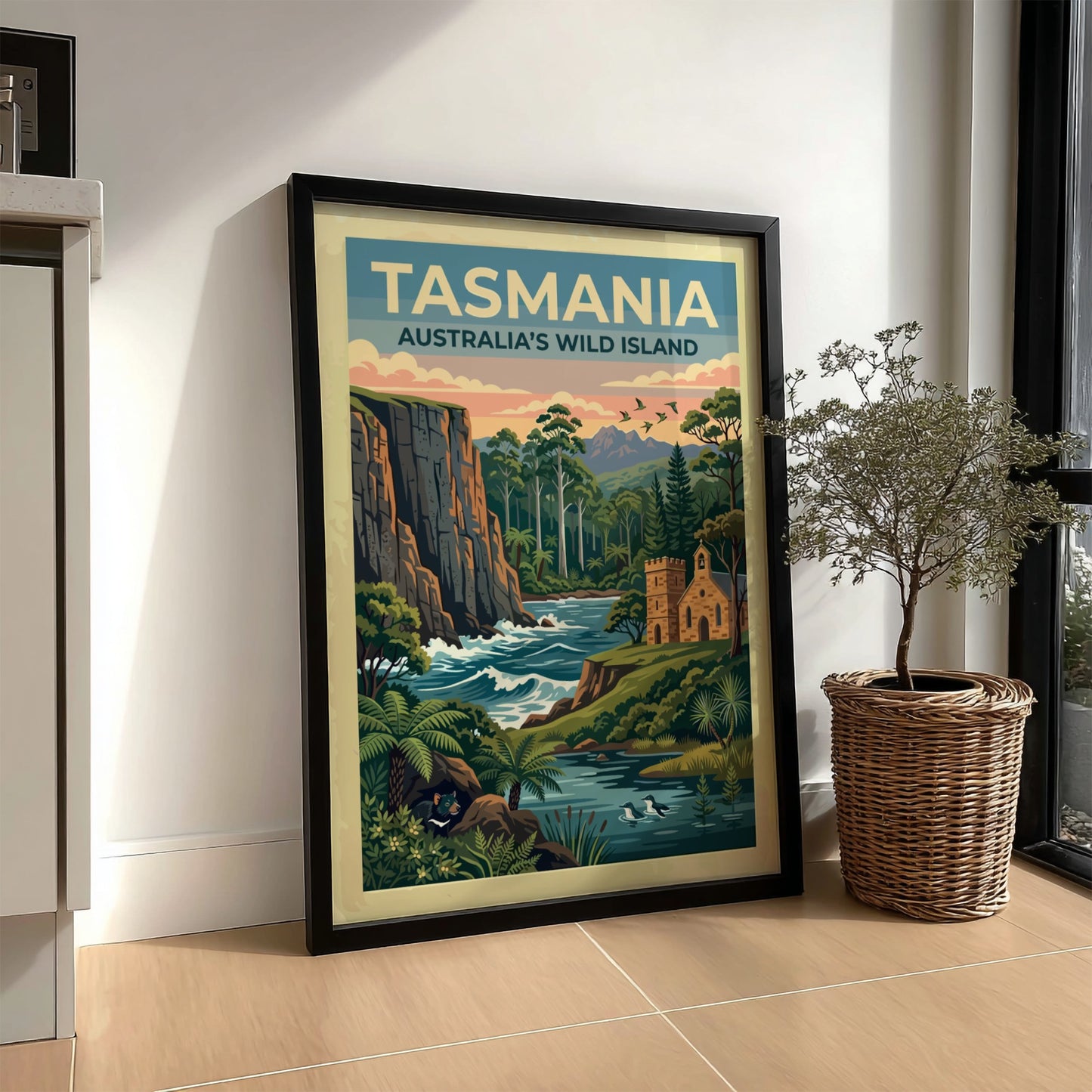 Tasmania travel poster featuring a rugged cliffside, a stone church, and a Tasmanian devil.