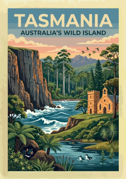 Tasmania travel poster featuring a rugged cliffside, a stone church, and a Tasmanian devil.