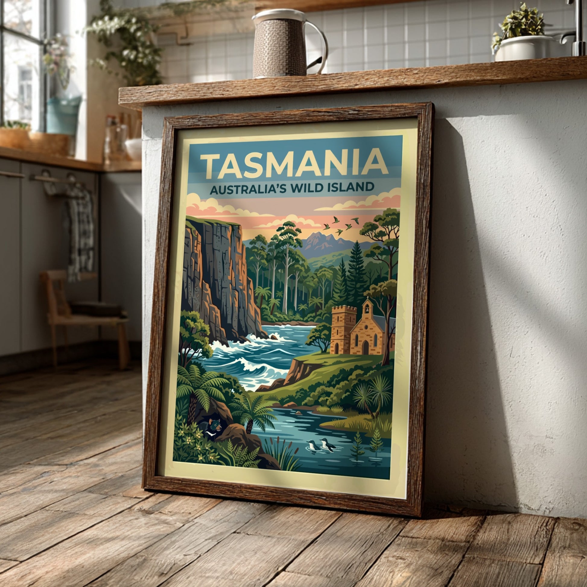 Tasmania travel poster featuring a rugged cliffside, a stone church, and a Tasmanian devil.