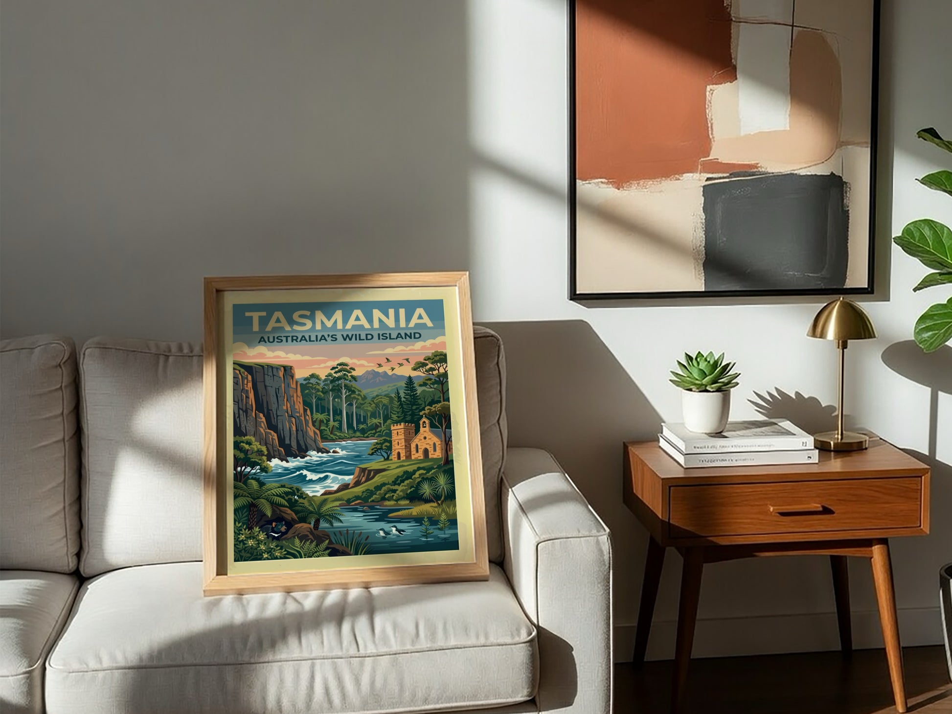 Tasmania travel poster featuring a rugged cliffside, a stone church, and a Tasmanian devil.