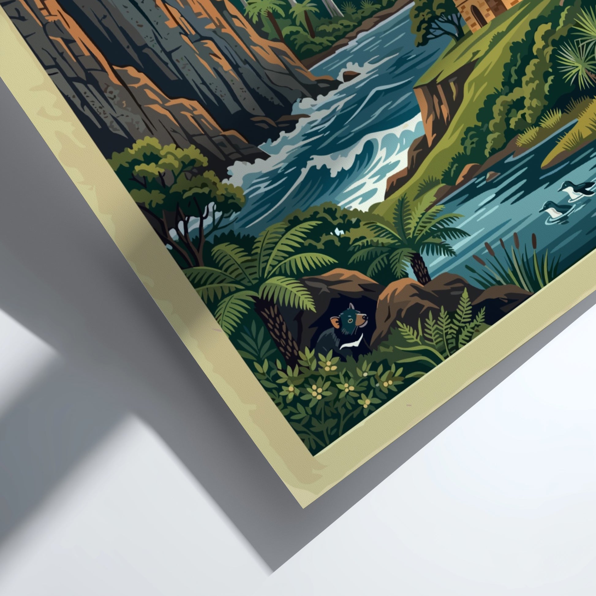 Tasmania travel poster featuring a rugged cliffside, a stone church, and a Tasmanian devil.