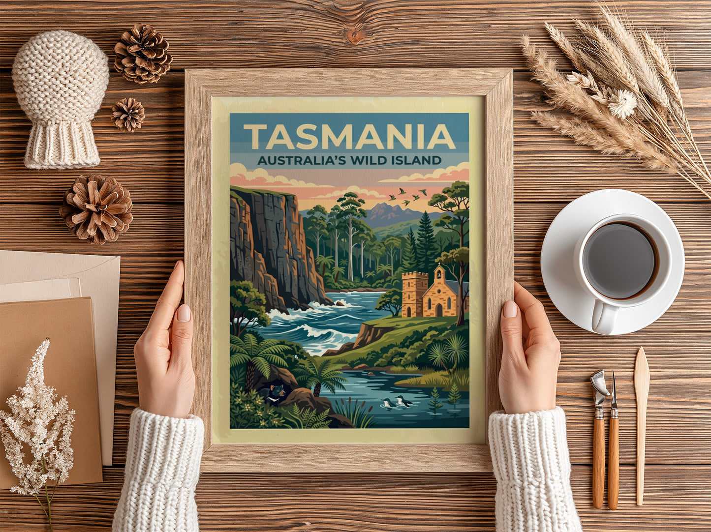 Tasmania travel poster featuring a rugged cliffside, a stone church, and a Tasmanian devil.