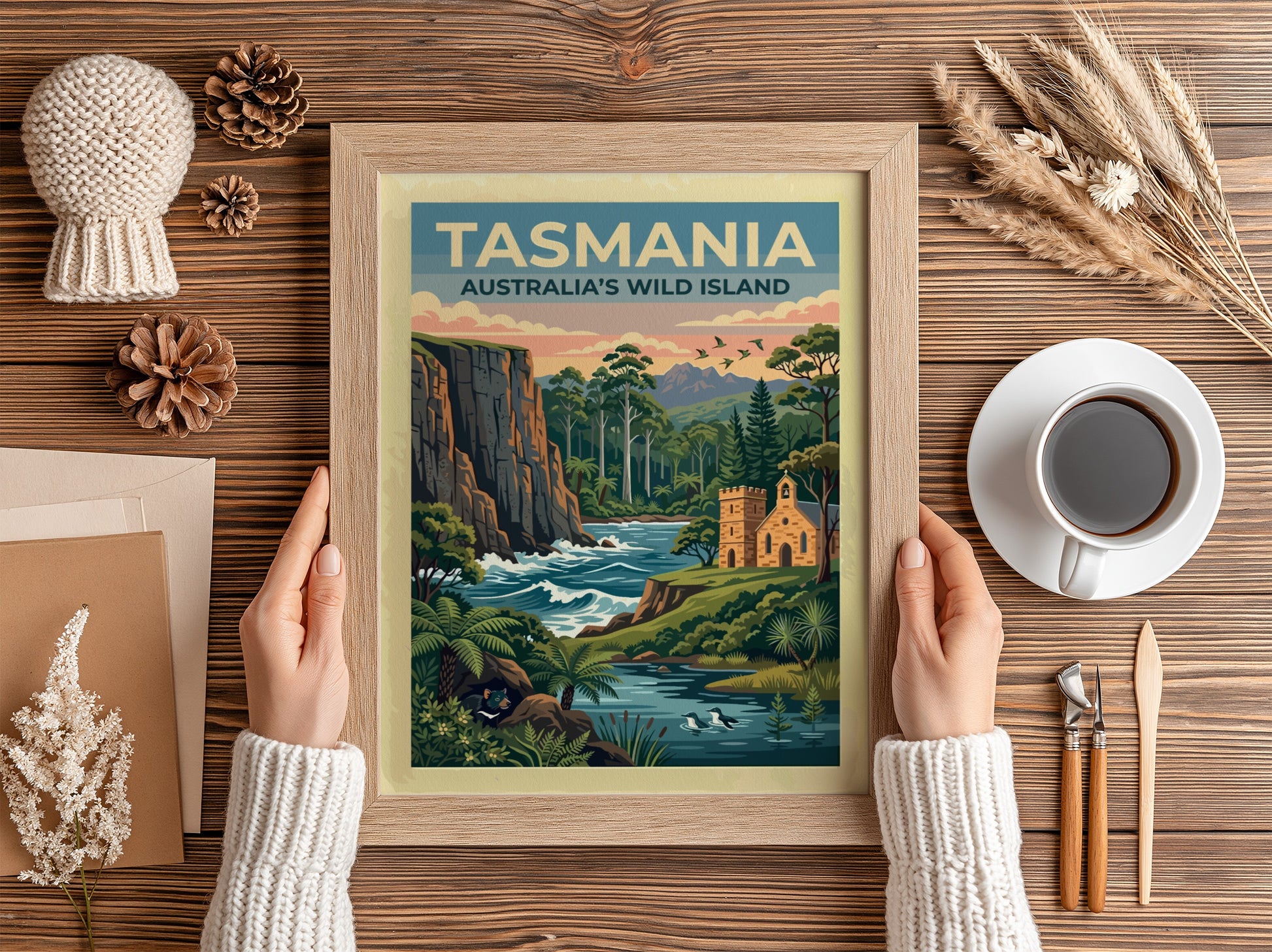 Tasmania travel poster featuring a rugged cliffside, a stone church, and a Tasmanian devil.