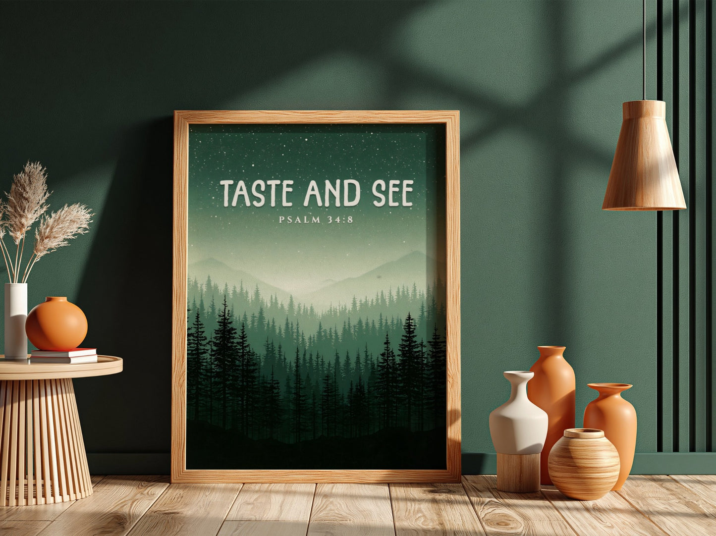Taste and See Poster featuring misty mountains and evergreen trees, inspirational wall art based on Psalm 34:8