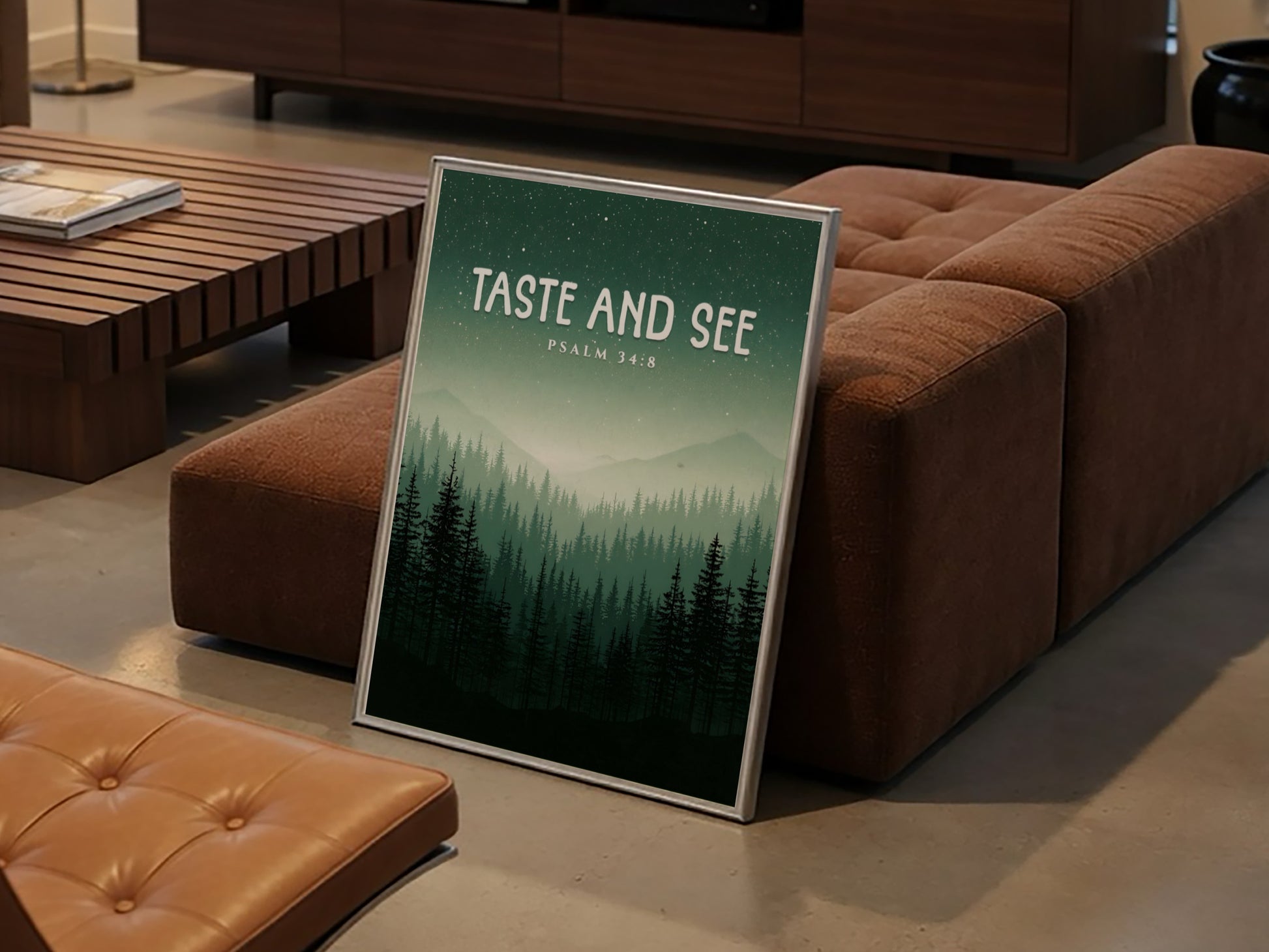 Taste and See Poster featuring misty mountains and evergreen trees, inspirational wall art based on Psalm 34:8