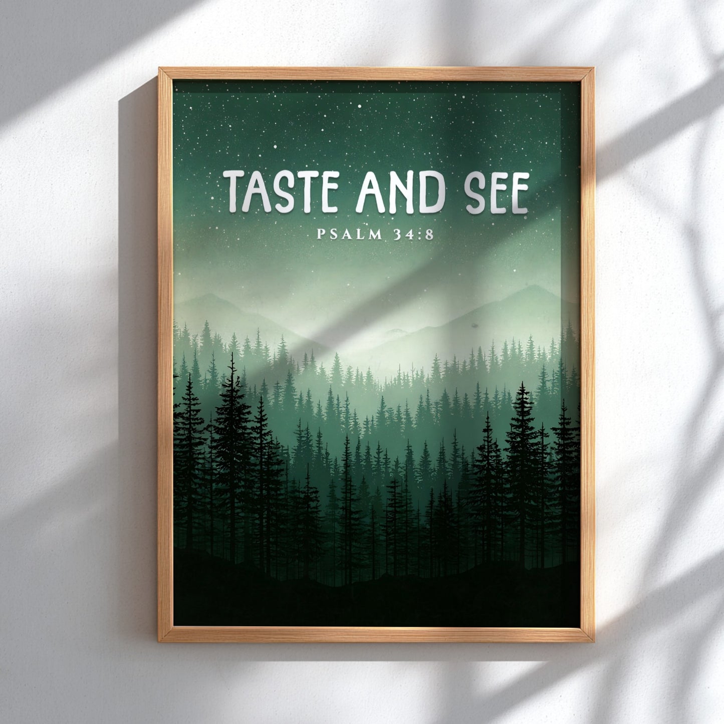 Taste and See Poster featuring misty mountains and evergreen trees, inspirational wall art based on Psalm 34:8