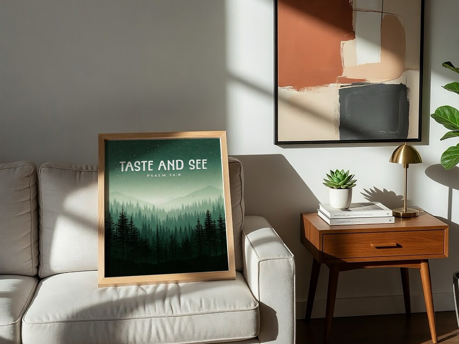 Taste and See Poster featuring misty mountains and evergreen trees, inspirational wall art based on Psalm 34:8