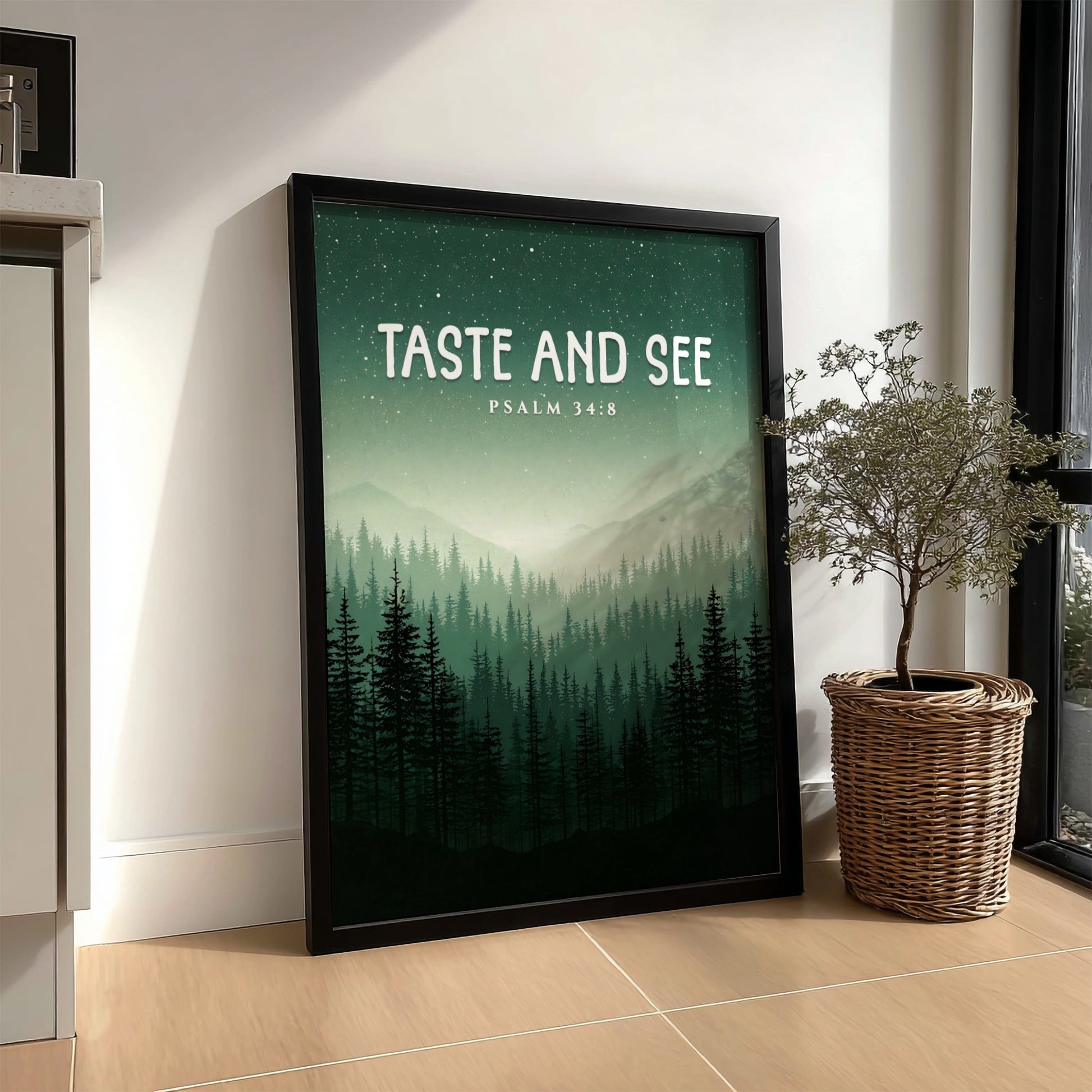 Taste and See Poster featuring misty mountains and evergreen trees, inspirational wall art based on Psalm 34:8